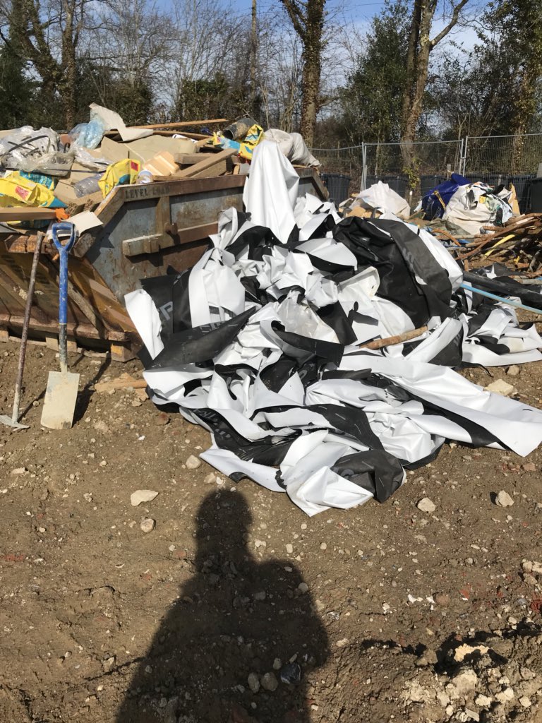 allan_corfield's tweet photo. This is what happens when the contractor changes the specified membrane to a substandard product (strotex). It gets ripped off, put in the skip and then the correct membrane for the job is put on @proctorgroup #reflectashield-tf (as it should have in the first place). #HBRShow18 https://t.co/Uf8j62uBgp
