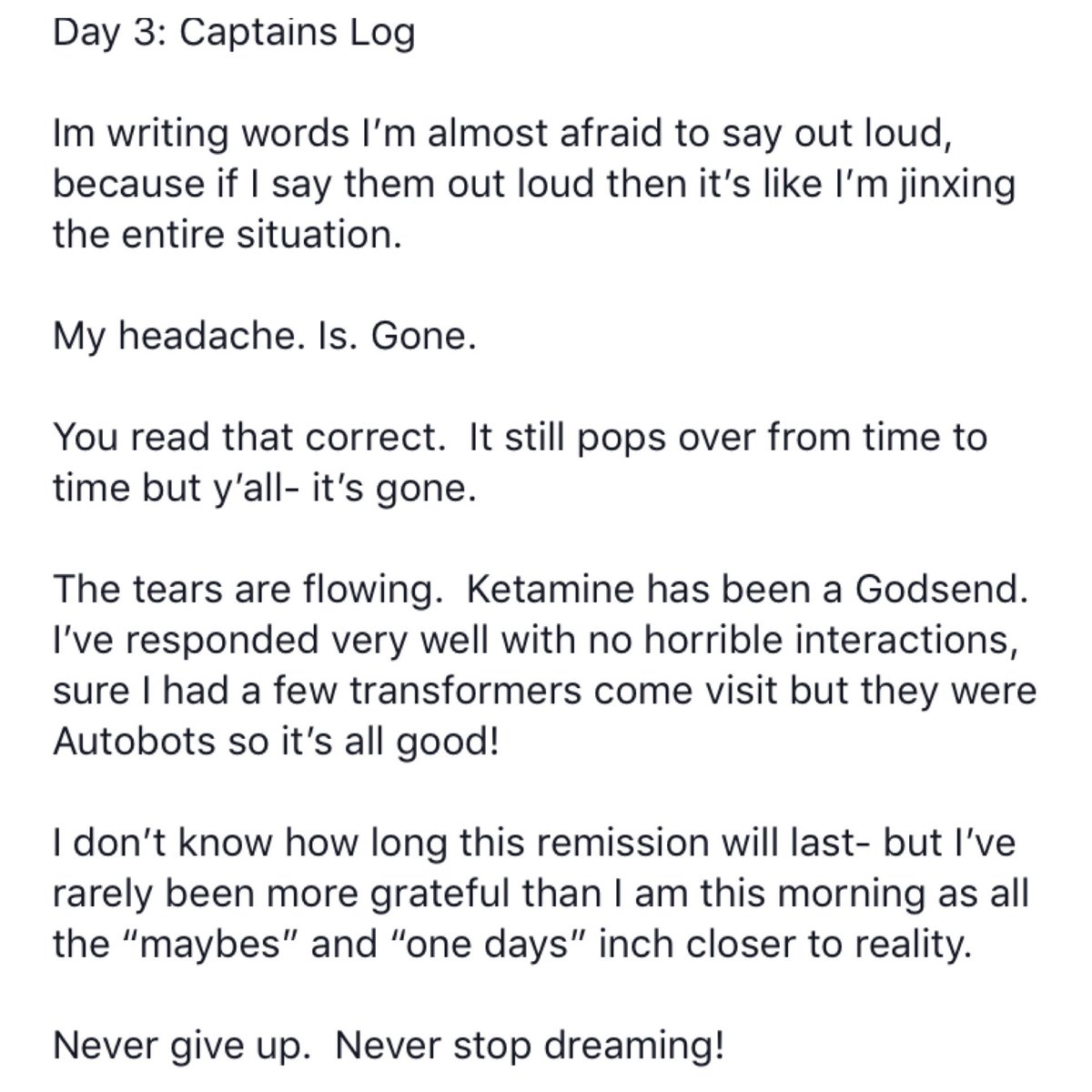 HeadacheMama's tweet photo. I’m in tears this morning typing this. I’d never tag you normally, @AmaalStarling but thank you! Thank you for never giving up on me! The hope I have restored is abundant and amazing. I couldn’t walk this journey without you ❤️ #Nummular Headache #IIH #KetamineMaySaveMyLife https://t.co/aeGDcXDLxx