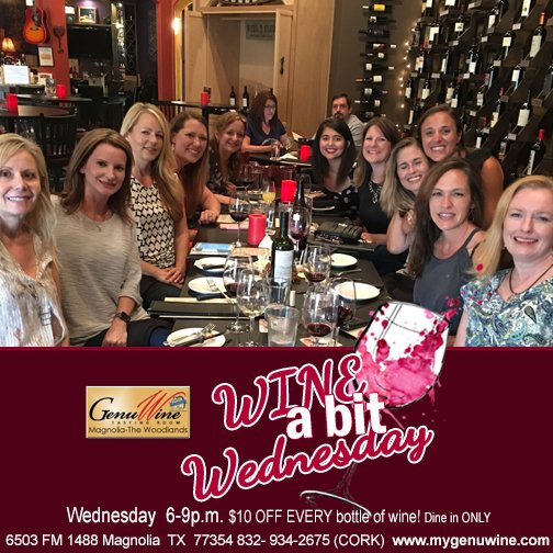 Is it Wednesday Already? Take advantage of 🍷🍷$10 OFF EVERY bottle of wine! 🍷🍷 6-9pm.  #BoutiqueWine #WineBarTheWoodlands Dine in ONLY. #NetworkingGroups #Meetings #PerfectAtmosphere