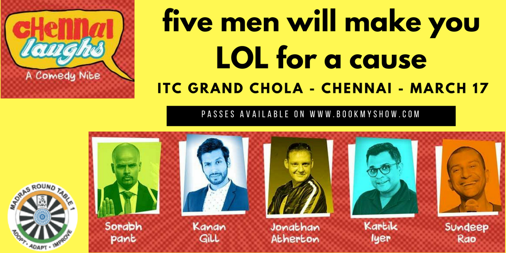 MadrasRT1's tweet photo. Five men will make you LOL for a cause. @MadrasRT1 Madras Round Table 1 is back with their annual fundraiser this year in support of the Spastics Society of Tamil Nadu @SPASTN , they have organized ‘Chennai Laughs’, a comedy night to raise money for a great cause. @bookmyshow https://t.co/4pM1f2aMVv