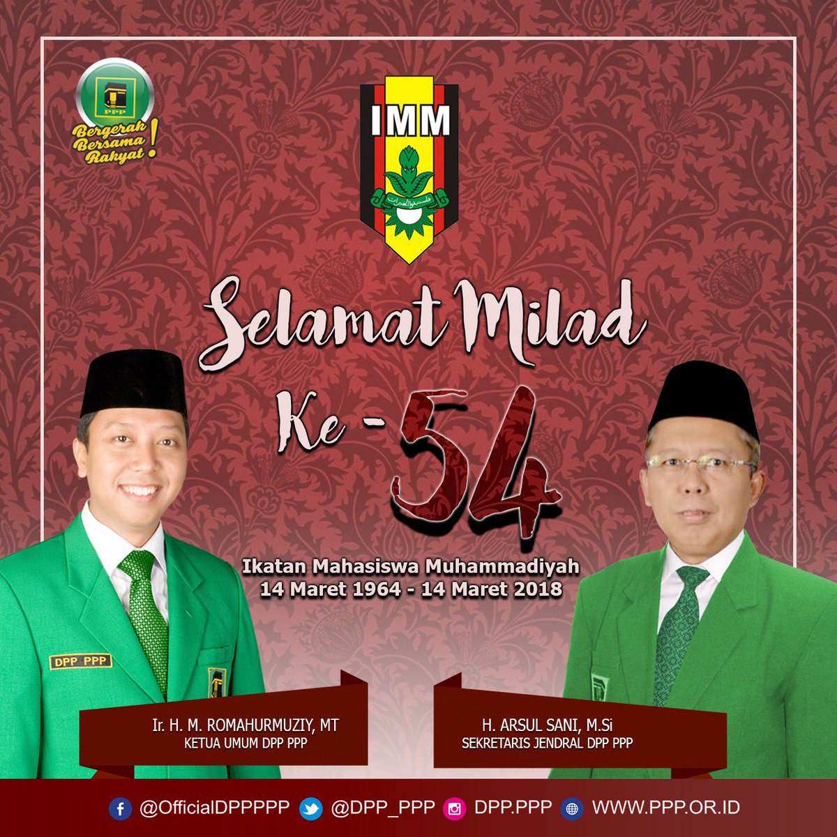DPP_PPP's tweet photo. Keluarga Besar PPP mengucapkan Selamat Milad @dppimm ke-54. Semoga IMM selalu membina dan menghasilkan kader-kader muda terbaik bangsa. 😊
#milad54imm #MiladIMM54 #Romahurmuziy https://t.co/MHeXrt1Jmd