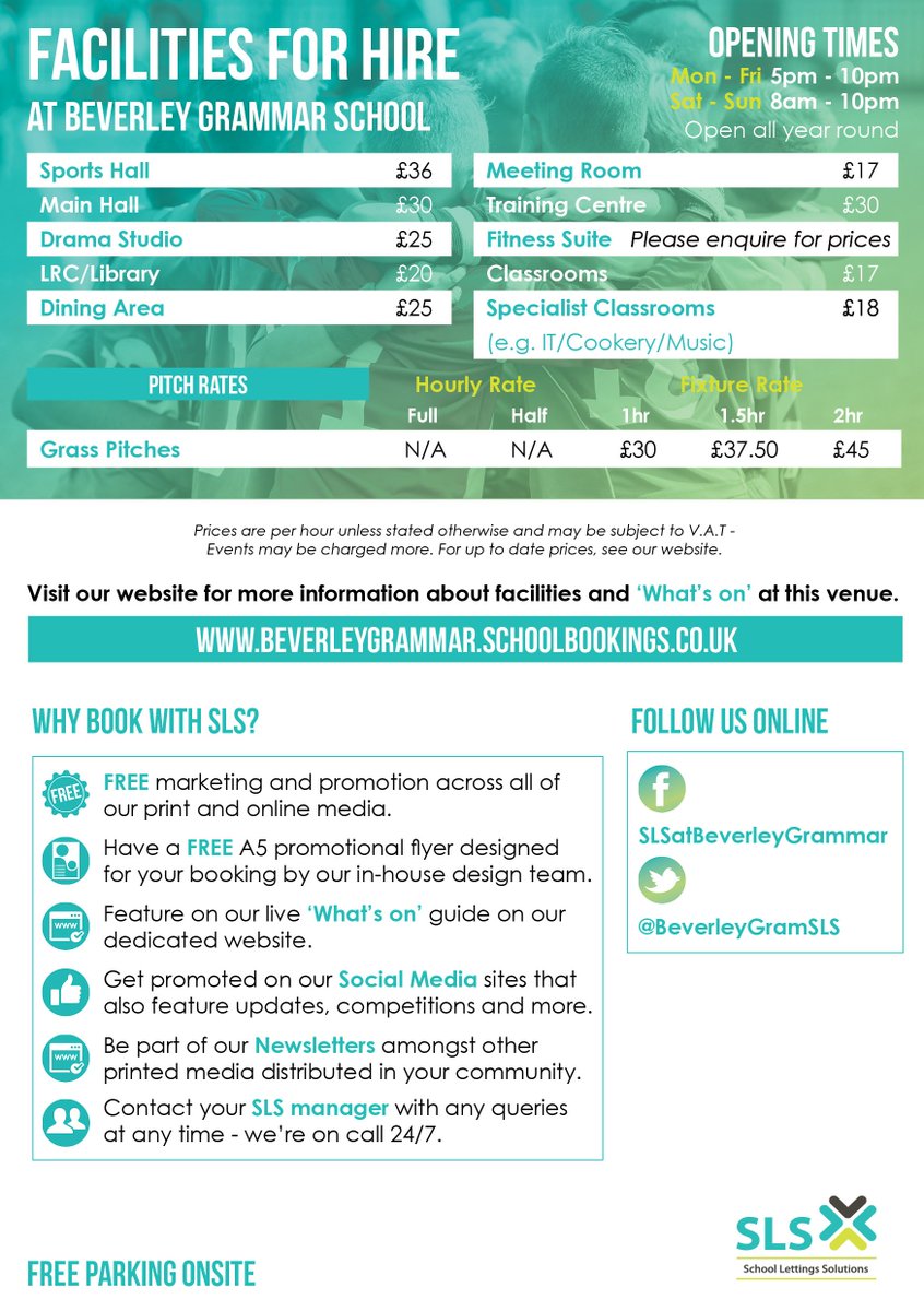 Over at Beverley Grammar we have some amazing facilities for you to hire for 2018!!!.Check out our new flyre. #wintretraining #sport
beverleygrammar.schoolbookings.co.uk