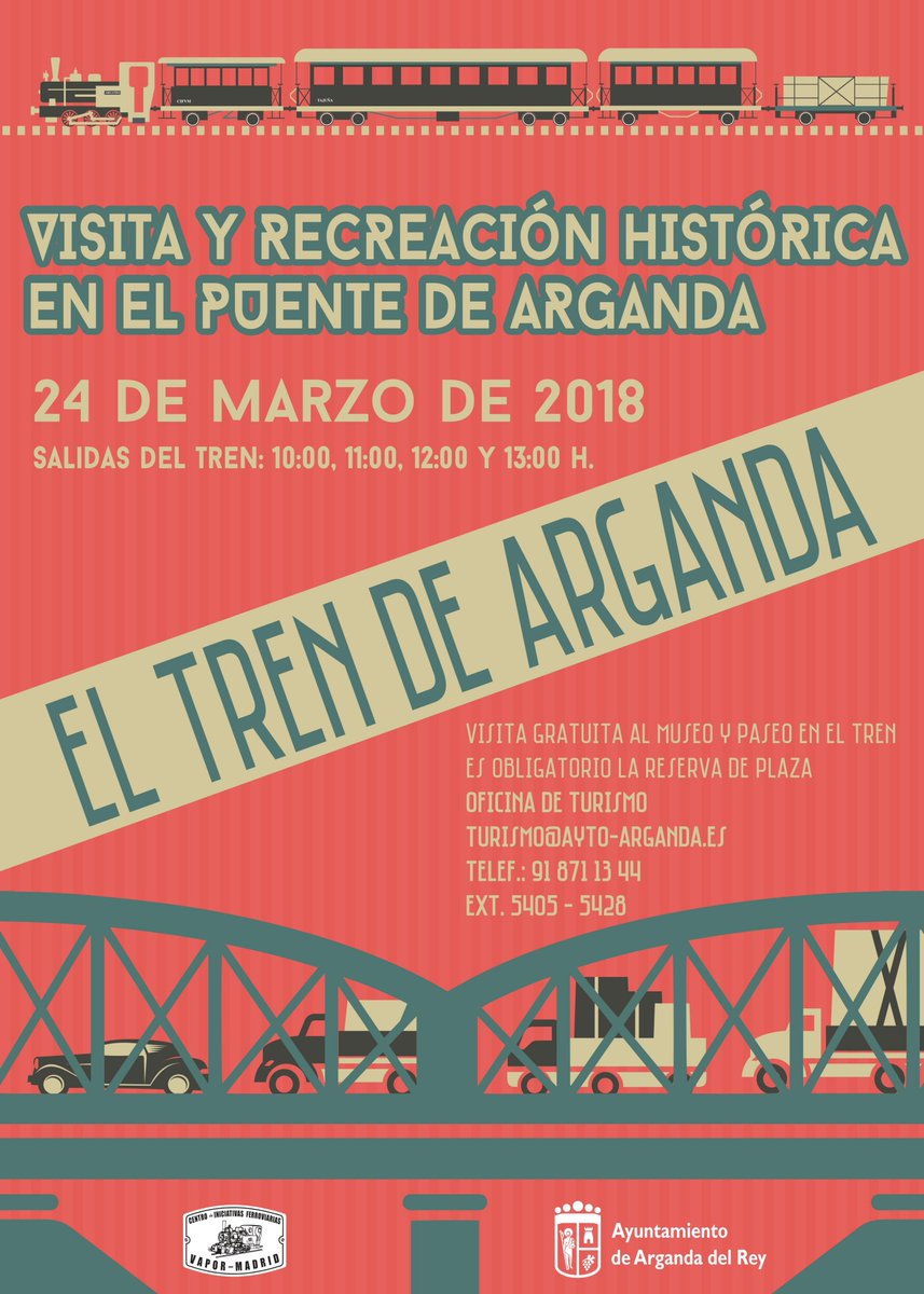Turismo_Arganda's tweet image. El próximo sábado 24 de marzo se celebrará una nueva Jornada de Puertas Abiertas del Tren de #Arganda, con visita al Puente de Arganda y recreación histórica en el mismo. Inscripción obligatoria en turismo@ayto-arganda.es o en el 918711344 (Ext. 5405-5428) goo.gl/xkfuyS