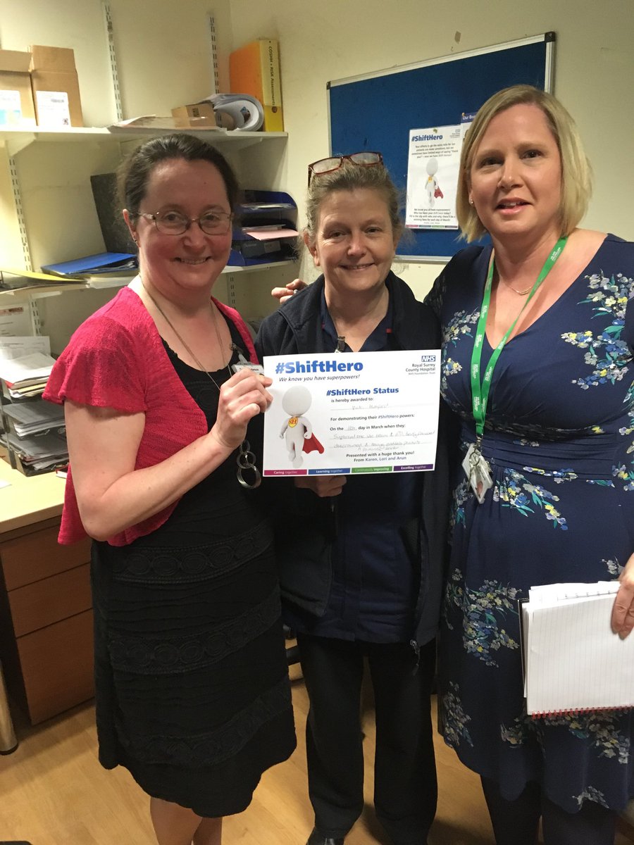 paulahead99's tweet photo. @RoyalSurrey #ShiftHero Vicky our on call manager through another tough week recognised by the A&amp;E team whole hospital caring together https://t.co/U1DDXBA45A