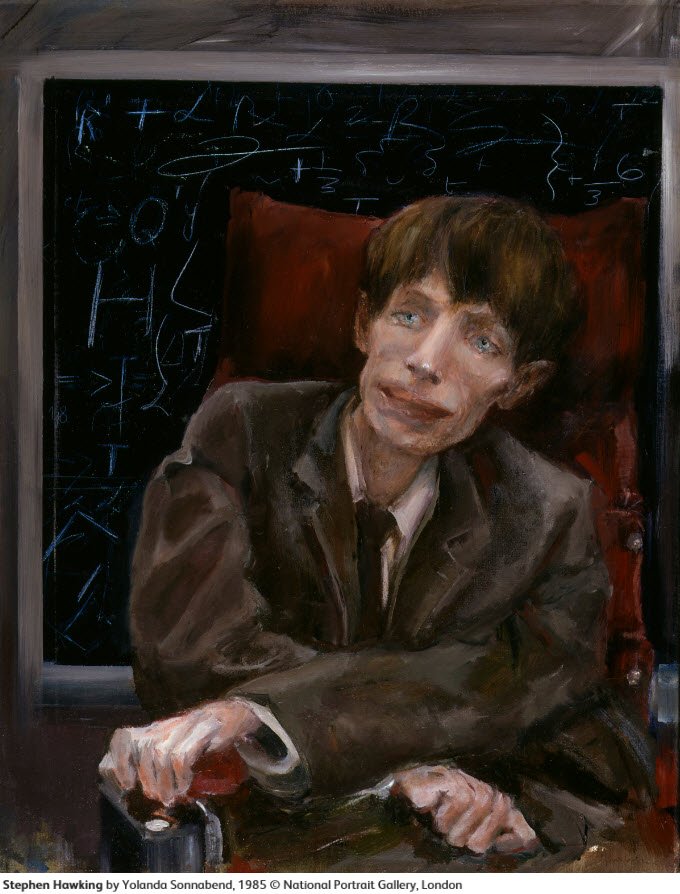 NPGLondon's tweet photo. In 1985 NPG commissioned this portrait of #StephenHawking, part of a policy to recognise the contribution of science to UK culture. He was only known to specialists at the time, it was in 1988 that he became renowned as the #ABriefHistoryofTime author. Stephen Hawking 1942-2018 https://t.co/ebrt5HpUL7