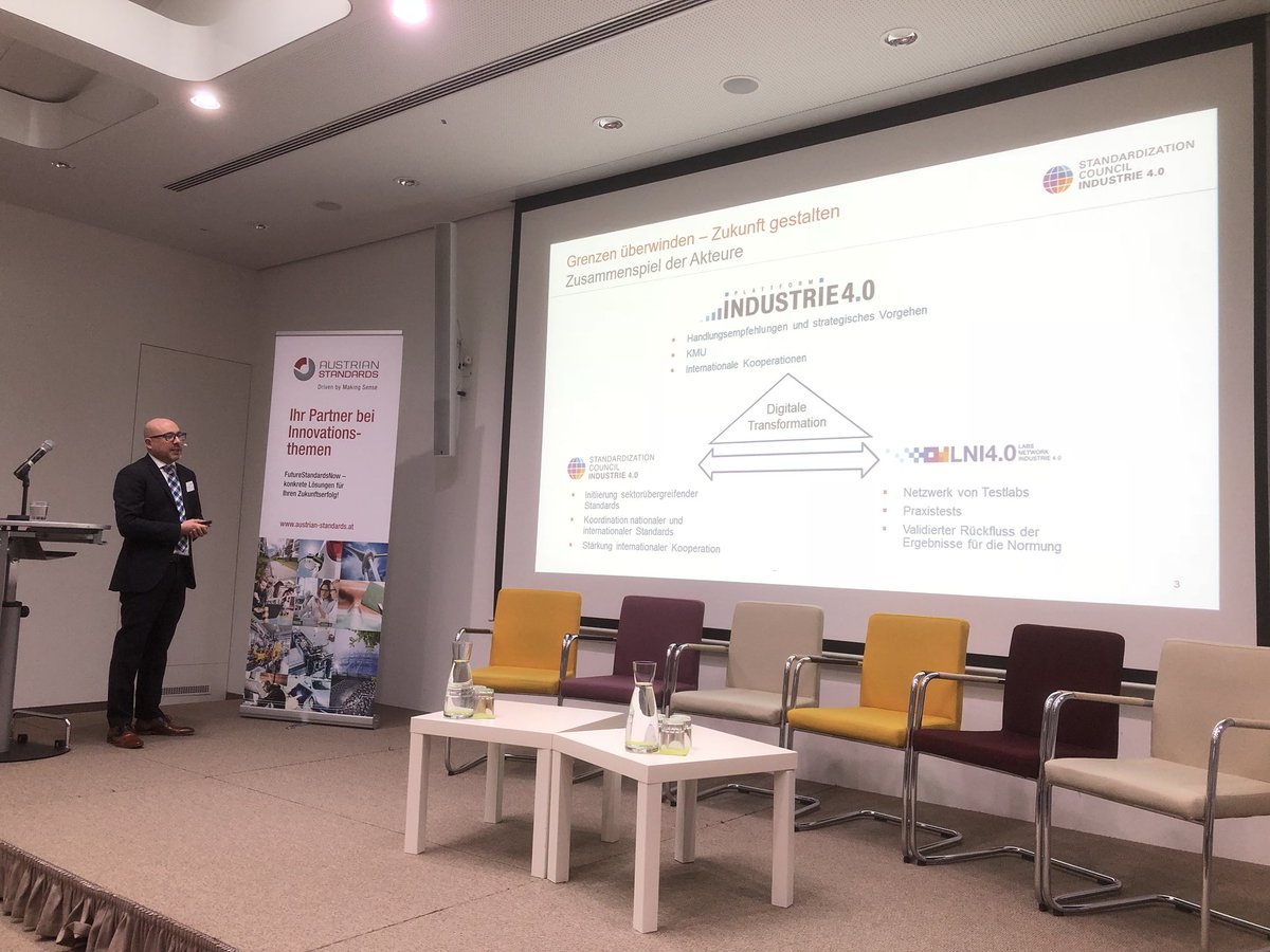 KarlGrn's tweet photo. Yves Leboucher #standardization council #Industrie40 #SCI40 at @ATstandards Conference #FutureStandardsNow #Industry40 about digital Transformation of industry, Networking & internationalization. #RAMI40 #CyberSecurity etc. cooperation is needed for benefit of all in value chain https://t.co/zOlbadT2ab
