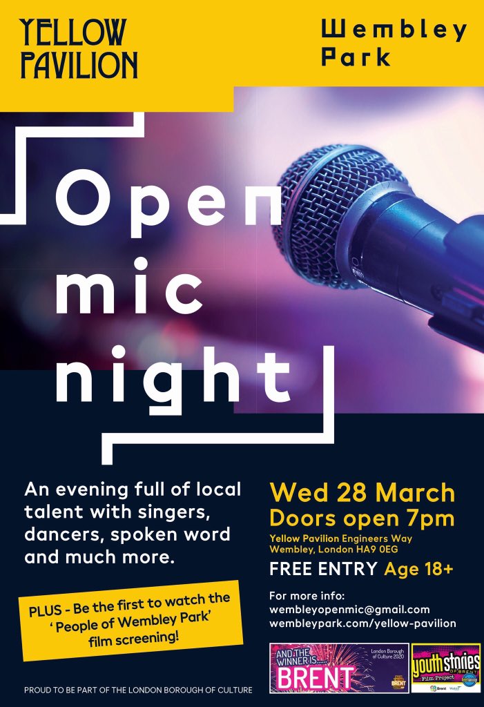 WembleyOpenMic's tweet photo. We're back ! #wembleyopenmic. Welcoming and showcasing amazing talent on one night. Wednesday 28th March. Contact wembleyopenmic@gmail.com #London #openmic #youthstoriesofbrent https://t.co/jb0u4sM9EK