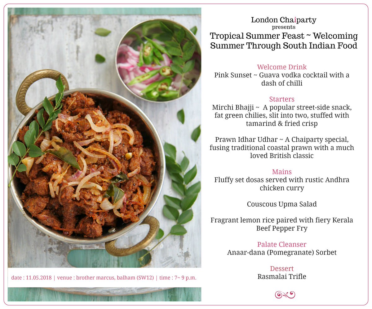 #SupperClubAnnouncement #EventAlert
Chuffed to announce our next supper club Tropical Summer Feast ~ Welcoming Summer Through South Indian Food. Date 11.05.2018, Friday from 7 till 9 p.m. in the evening. Tickets bit.ly/2GqXKwH #London #Londonfood #Londonfoodie #foodies