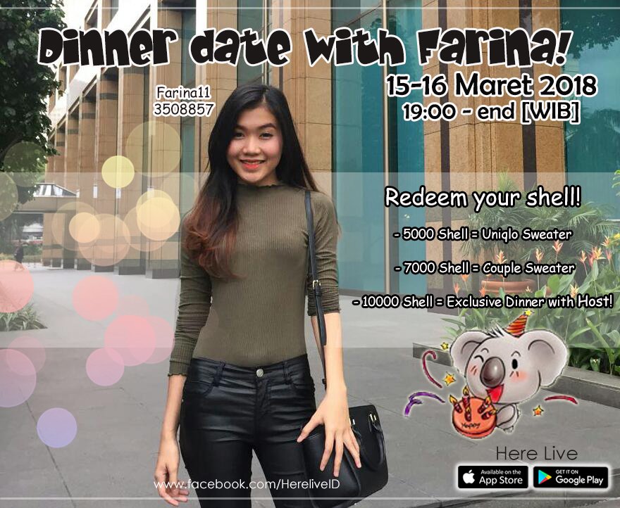 HereLiveID's tweet photo. Mau dapetin sweater special dari Farina? Bahkan kalian juga bisa dinner sama dia lho! Bagaimana cara ikutin eventnya? Langsung follow dia dan stand-by di roomnya!  #HereliveId #FreeDinner #Dinner #Dinnerdate #Baileomenang #dataregistrasiterjamin #welcomegenpisulut https://t.co/emm0YRsd8g