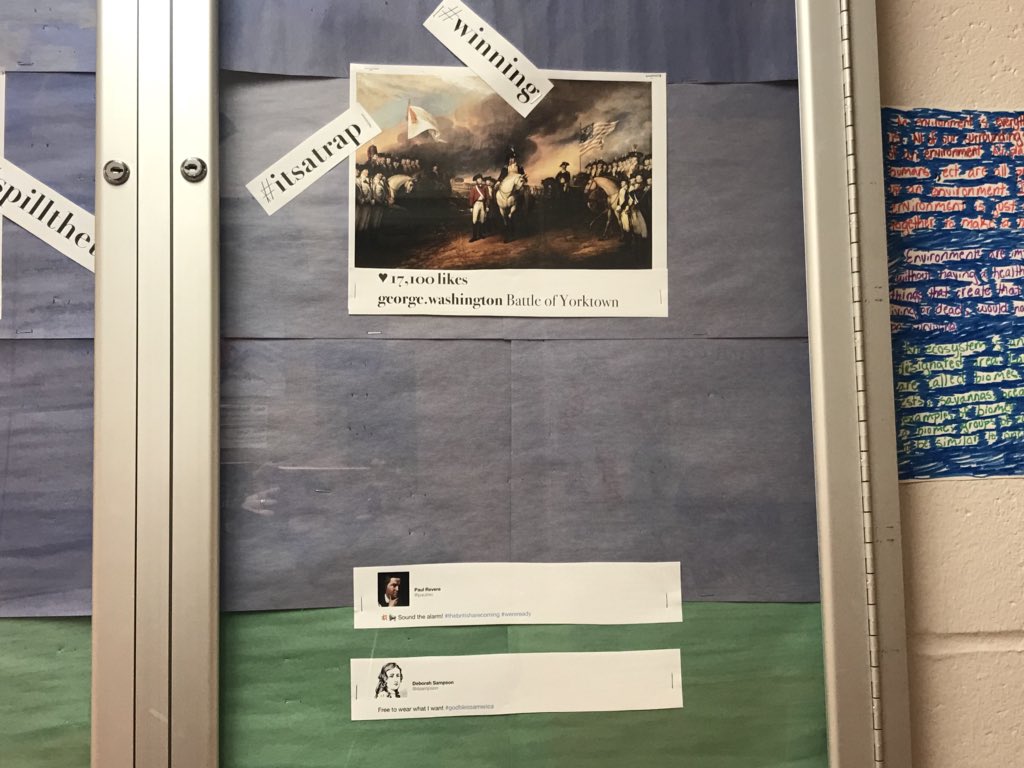 MrsCmoats's tweet photo. Tweeting the Revolutionary War! Middle Schoolers showed their understanding of the war by bringing events of the Revolution to Twitter! These were some of our best!! #HApride #HoffmanAcademy https://t.co/ngp7CQRJUE