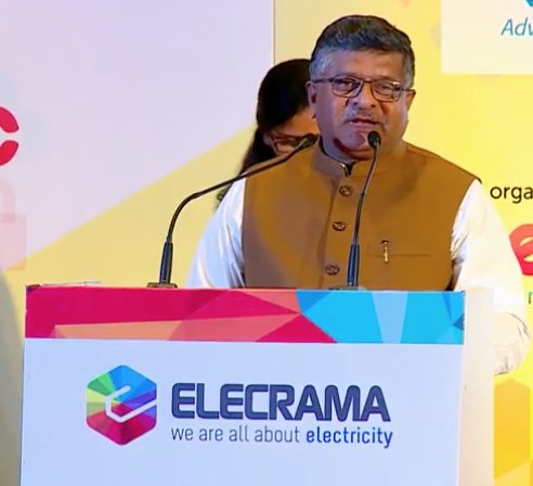 ElecramaLive's tweet photo. I am very happy to be here at ELECRAMA2018 ! Electricity and Digital are interconnected - Shri. Ravi Shankar Prasad, Cabinet Minister, Electronics &amp; Information Technology #FutureIsElectric #ELECRAMA2018 https://t.co/bOxme7P4Hs