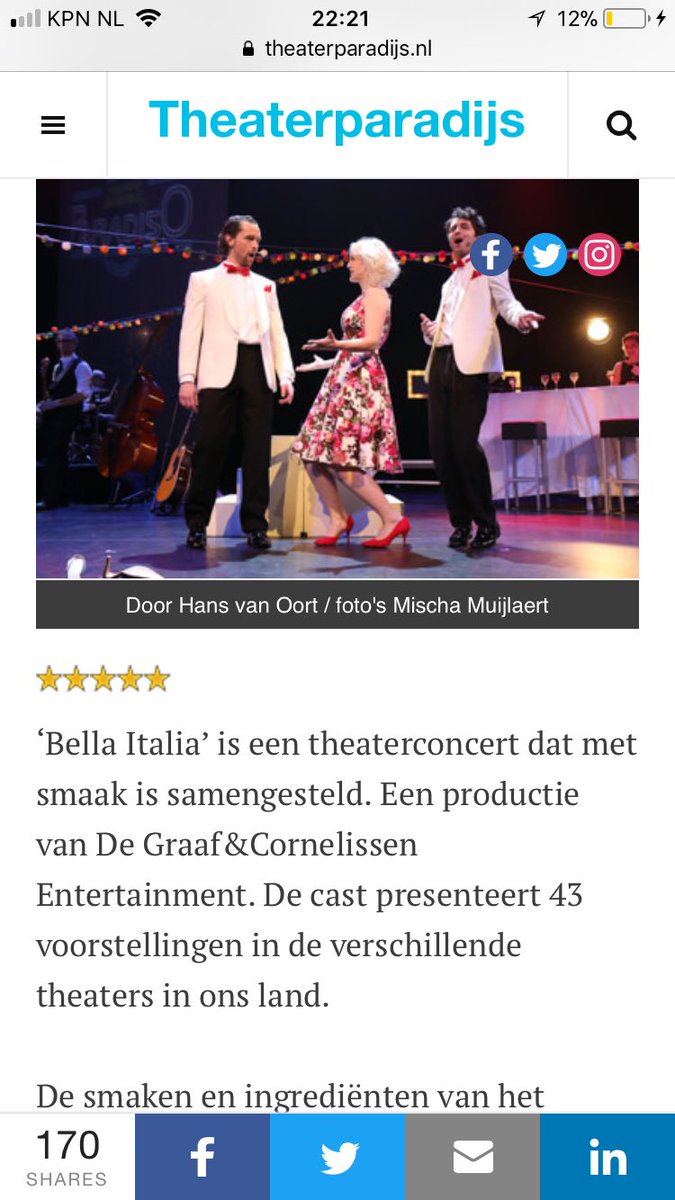 #premiere Bella Italia wordt warm ontvangen! <a href="/nhdagblad/">Noordhollands Dagblad</a> ‘3 krachtige podium persoonlijkheden die elkaar versterken’ &amp; ⭐️⭐️⭐️⭐️⭐️ sterren van ❤️<a href="/TheaterParadijs/">Theaterparadijs</a>