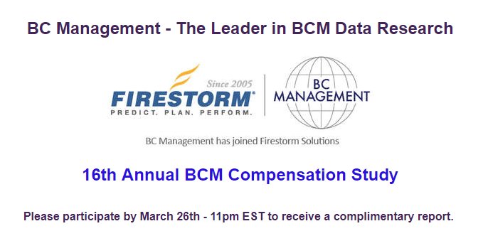 TheBCEye's tweet image. 16th Annual #BCM #CompensationStudy - premier compensation #assessment for #BusinessContinuity/ #Resiliency #professionals . Participate by March 26th - 11pm EST to receive a #complimentary #Report . Follow the link for more information. @bc_management ​
bcmanagement.com/participate-in…
