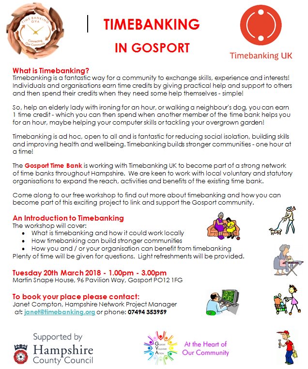 SupportiveComm's tweet photo. Timebanking workshop in Gosport - Next Tuesday 20th March 1pm-3pm - see flyer for details https://t.co/QgOCirXrGH