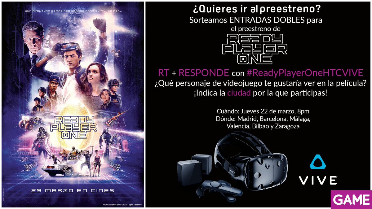 Gana entradas dobles para asistir a los preestrenos de #ReadyPlayerOne

🔴¡Sigue todos los pasos!
🔸RT
🔸Responde con #ReadyPlayerOneHTCVIVE a la pregunta ¿qué personaje de videojuego te gustaría ver en la peli?
🔸Indica la ciudad para la que participas

blog.game.es/sorteo-game-ht…
