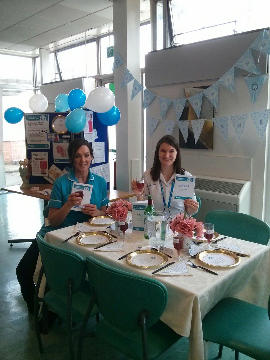 SLT_Amy's tweet photo. "Come Dine with Us" at our swallowing themed dining table! North Manchester General Hospital restaurant #swallowaware2018 @RCSLT @PennineAcuteNHS https://t.co/6g9xU9JJEc