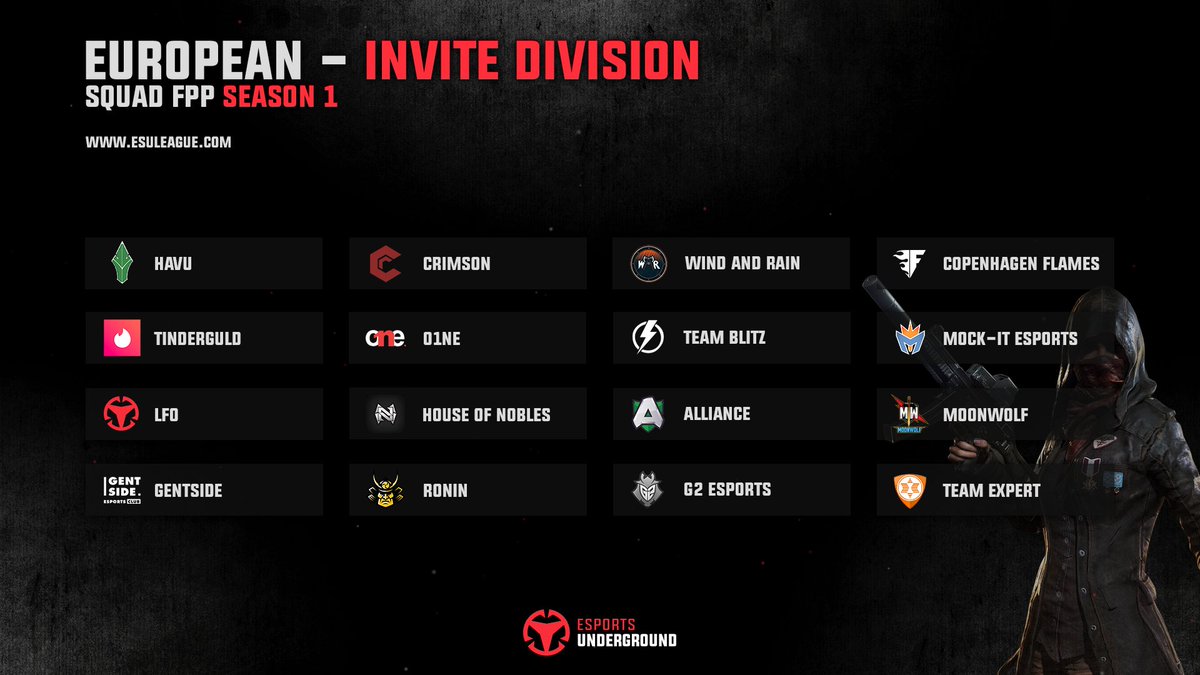 ESUPUBG's tweet photo. Welcome the EU Invite Divsion! @HAVUgaming @Esports_Crimson @WindandRaingg @Pubg_Tinderguld @o1ne_gg @theAllianceGG @GentsideEsports @RoninHQ @G2esports @MockItLeague @expertesport https://t.co/8xTcRZ7kyD