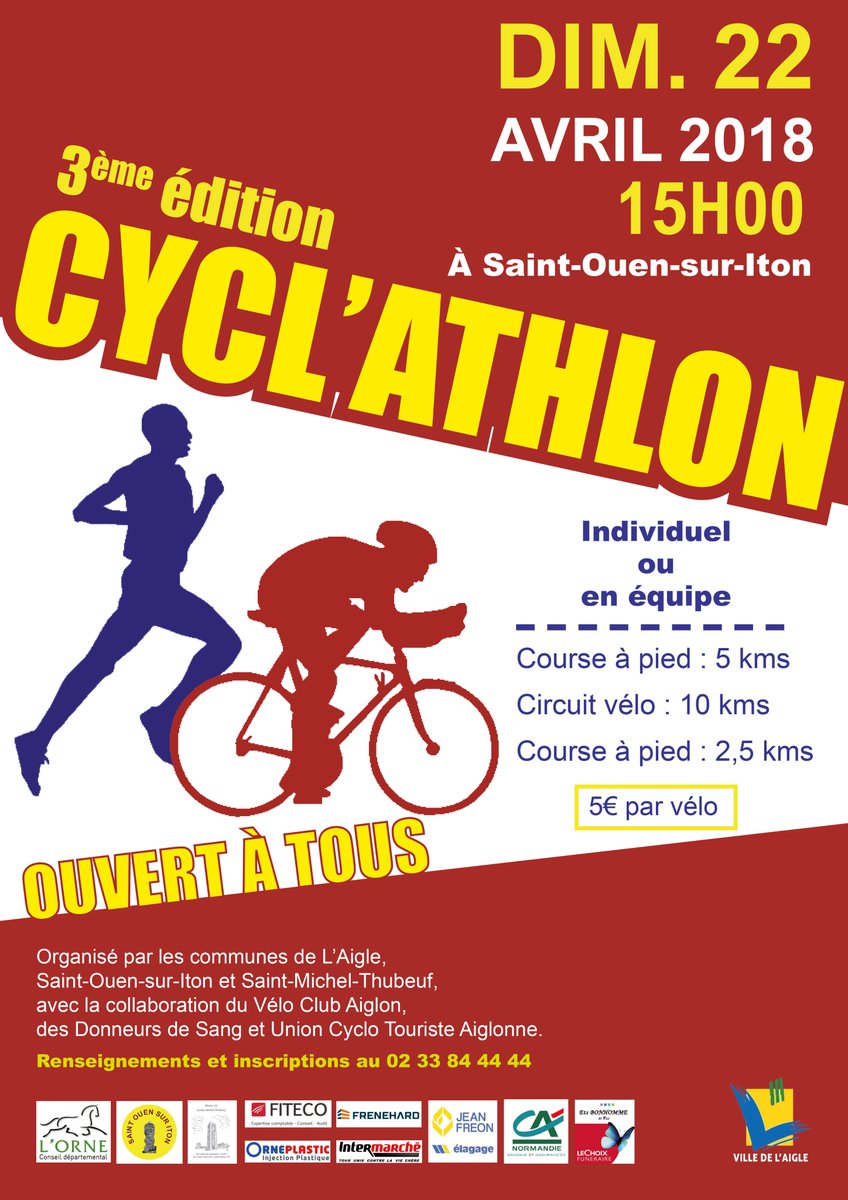 Prêt à relever le défi ? Inscrivez-vous dès maintenant, seul ou en équipe, pour participer à cette nouvelle édition du Cycl'Athlon (anciennement Duathlon) qui aura lieu le dimanche 22 avril à 15h00 !
Inscription: bit.ly/2pcHgA1