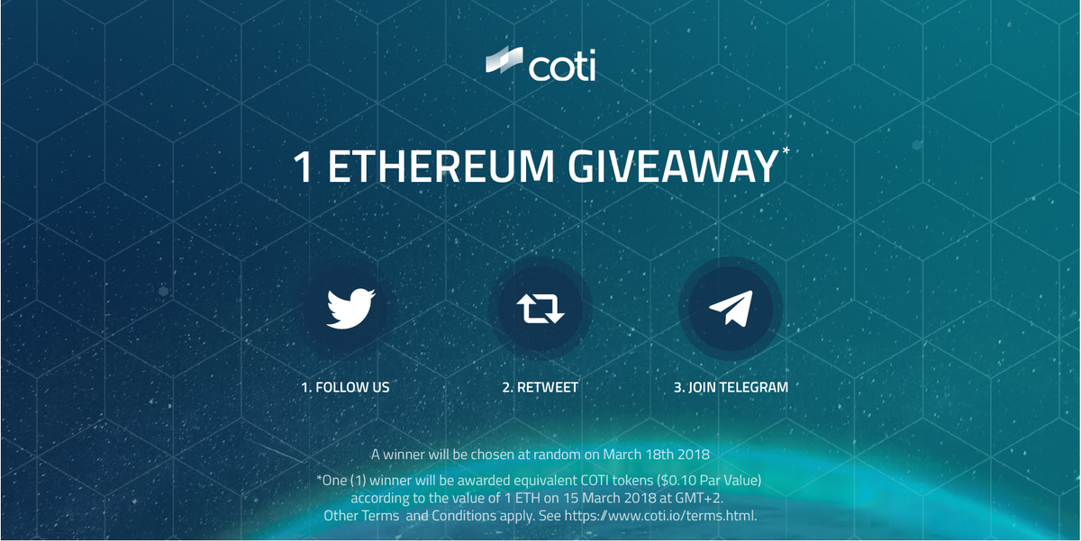 COTI is proud to partner with <a href="/Bancor/">Bancor</a>, and we’re celebrating with an ETH giveaway! Do all 3 tasks to enter the competition:

1. Join our Telegram bit.ly/cotitelegram 
2. Follow us on Twitter bit.ly/cotitwitter 
3. Retweet our pinned tweet  

Winner will be Ann on 18.3.18