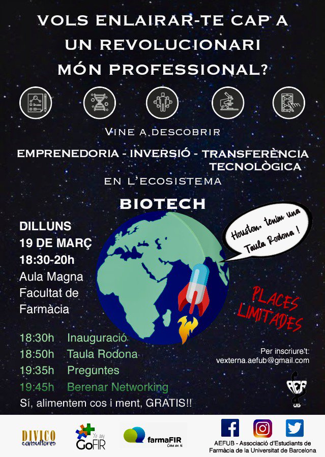 TeibioBcn's tweet photo. Vine a descobrir l'emprenedoria, la inversió i la transferència tecnològica a l'ecosistema biotech el proper dilluns 19 de març a la Facultat de Farmàcia de la UB. Berenar networking inclòs! 

Inscriu-te enviant un mail a: vexterna.aefub@gmail.com https://t.co/kzUn6Rlk9G