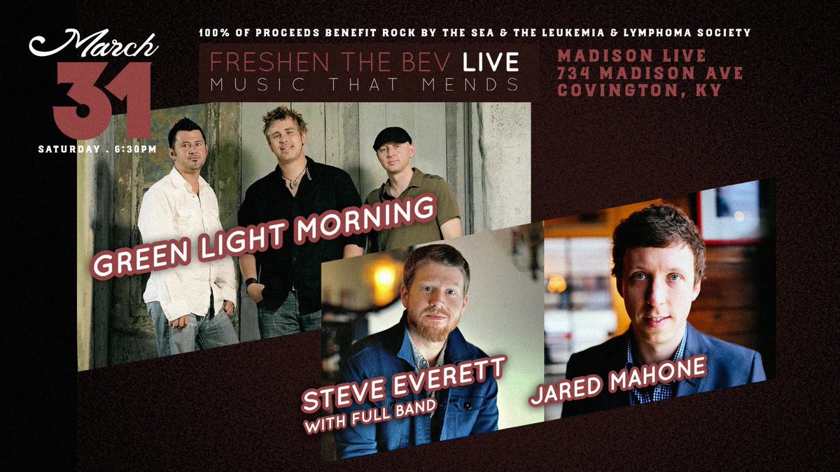 Mark you calendars for MARCH 31 @FreshenTheBev &amp; <a href="/_MadisonLive/">Madison Live</a> PRESENTS <a href="/GLMorning/">Green Light Morning</a> w/ <a href="/SteveREverett/">Steve Everett</a> <a href="/jaredmahone/">Jared Mahone</a> BENEFITING <a href="/RockByTheSea/">Rock By The Sea</a> &amp; <a href="/LLSusa/">伊藤佑愛</a> - tickets: cincyticket.com/orderticketsar…