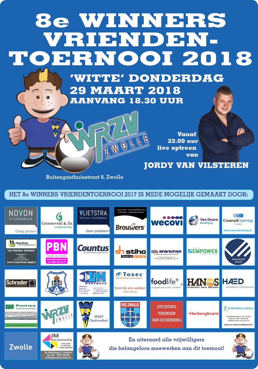 Voor in de agenda!

Het winnersvriendentoernooi op witte donderdag 29 maart 2018

U bent van harte welkom vanaf 18.30 uur

We sluiten de avond weer gezellig af met Zwolse zanger Jordy van Vilsteren

Avond wordt mogelijk gemaakt door vele mvo sponsoren en partners uit de stad
