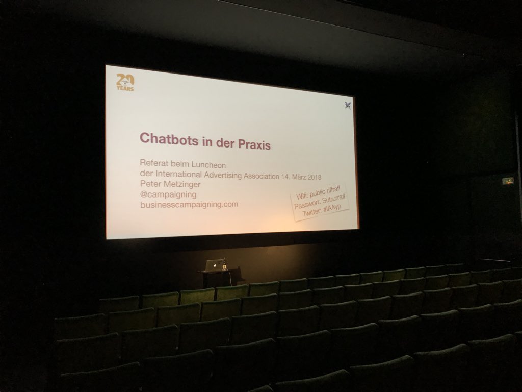 campaigning's tweet photo. The room is ready for my speech about #Chatbots in practice #IAAyp https://t.co/KaGIrpyCsu