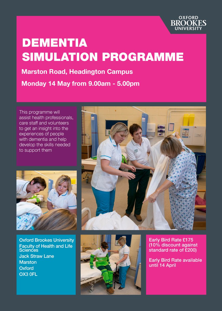 We're running a #dementia #simulation day on 14th May. Develop skills to support those with dementia. Visit dem-sim-oxford.eventbrite.co.uk for more info & to book!
#simulationbasededucation #dementiacare #dementiawellbeing #CPD #healthcare @ASPiHUK @brookeshls @oxford_brookes