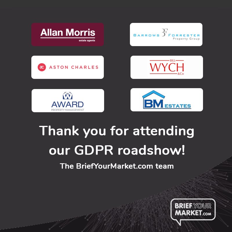 BriefYourMarket's tweet photo. We'd like to thank our #GDPR roadshow attendees for joining us on Monday's session in Birmingham -  @AllanMorrisGuis, @AstonCharlesLtd, @award_ltd, @BFPropertyGroup, @bill_wych &amp; @bmestates! https://t.co/I0sMuX5liV