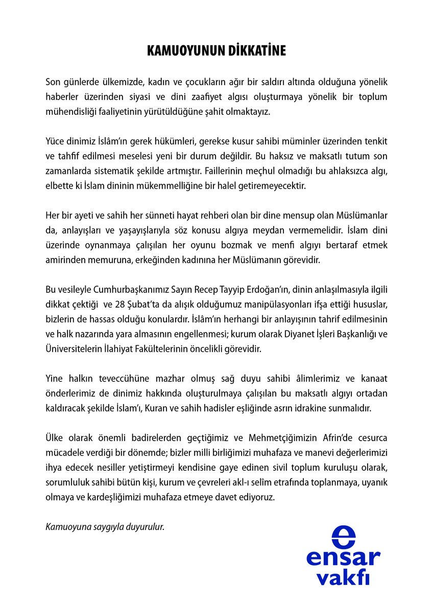 Ensar Vakfı Kamuoyu Duyurusu