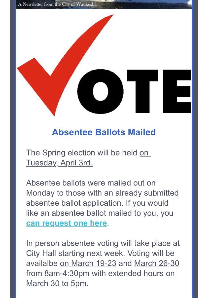 deevoit's tweet photo. Early voting has begun for the Spring Election! Absentee ballots have been mailed. In person absentee voting begins March 19. Vote Voit for @deevoit for @waukeshaschools Board of Education! April 3 falls over Spring Break—spread the word!! #VoteVoit #EVERYvoteCounts! https://t.co/vwaoj8otiF