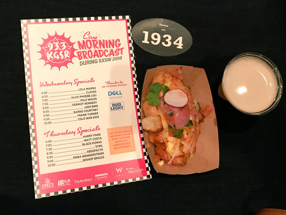 ChelleSchenk's tweet photo. The early bird gets breakfast and @ChameleonCoffee Cold Brew along with a fantastic music line-up at the 93.3 KGSR Live Morning Broadcast @WHotelATX #KGSRattheW #makeawish #sxsw2018 https://t.co/3OSeTULGnu