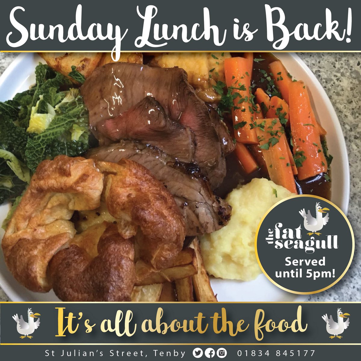 TheFatSeagull's tweet photo. Don’t miss out on our Sunday Lunches - served until 5 o clock! #TheFatSeagull https://t.co/WaYdzh2rVn