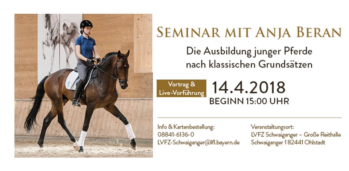 VERLOSUNG: 2 Tickets gewinnen für das <a href="/AnjaBeranHorses/">Anja Beran</a> Seminar „Die Ausbildung junger Pferde nach klassischen Grundsätzen“ mit ANJA BERAN und TA ELISABETH ALBESCU. Vortrag und Live-Vorführung am 14.4.2018 in Schwaiganger
--> facebook.com/daubergroth