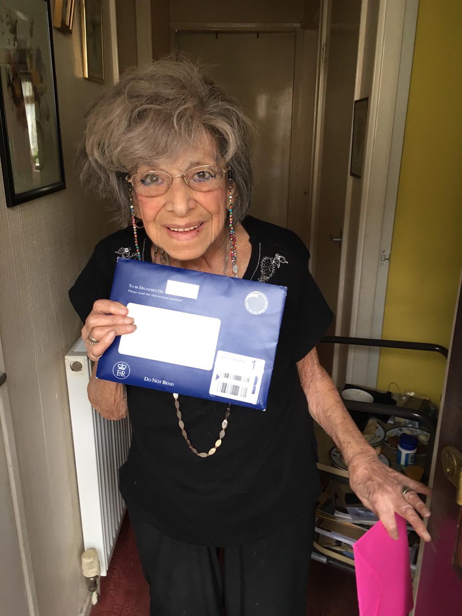 Today, we delivered this lady's telegram from the Queen for being 100 years old. 

When asked if we could take a picture &amp; post it online, her response was 'Will the whole world see it?'

 When we said yes, she said, 'ooh yes put it on!' How lovely 😊