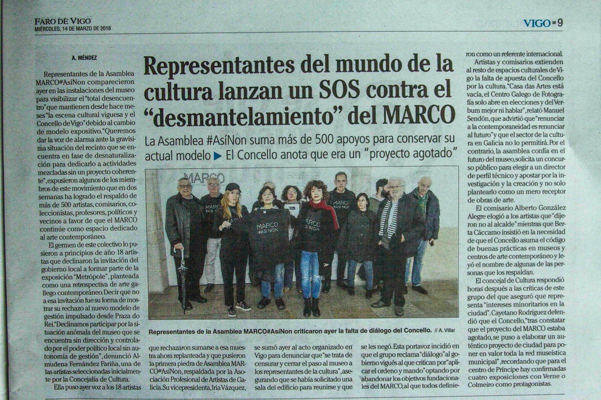 Gracias <a href="/Farodevigo/">Faro de Vigo</a> 
La rueda de prensa de ayer convocada por la asamblea <a href="/MarcoAsiNon/">Marco Así Non</a> tuvo que celebrarse en el hall del museo al impedírsenos la entrada a la sala donde estaba convocada. Vaya con el nuevo rumbo del museo contra los artistas
<a href="/AmigosMARCO/">Amigos do MARCO</a>  <a href="/MARCOVigo3/">MARCO Vigo</a>
