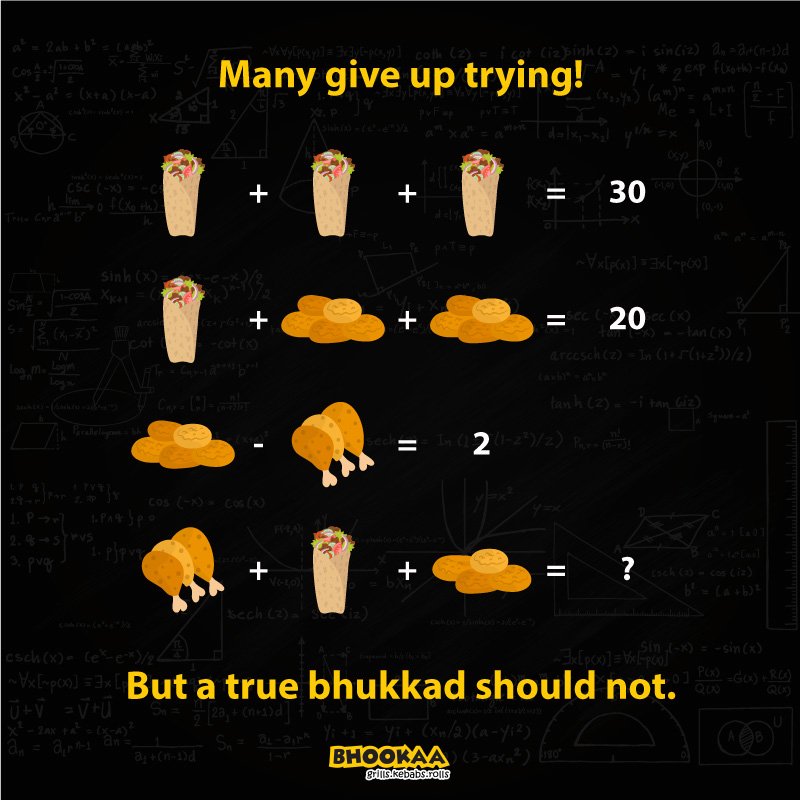 bhookaa's tweet photo. Food + Maths = FUN! 😋😀
Only True Bhukkads Can Solve This Math Riddle.
Comment the Answers Below. #bhookaa #foodpuzzle #Bhubaneswar https://t.co/w2ROezFrIU