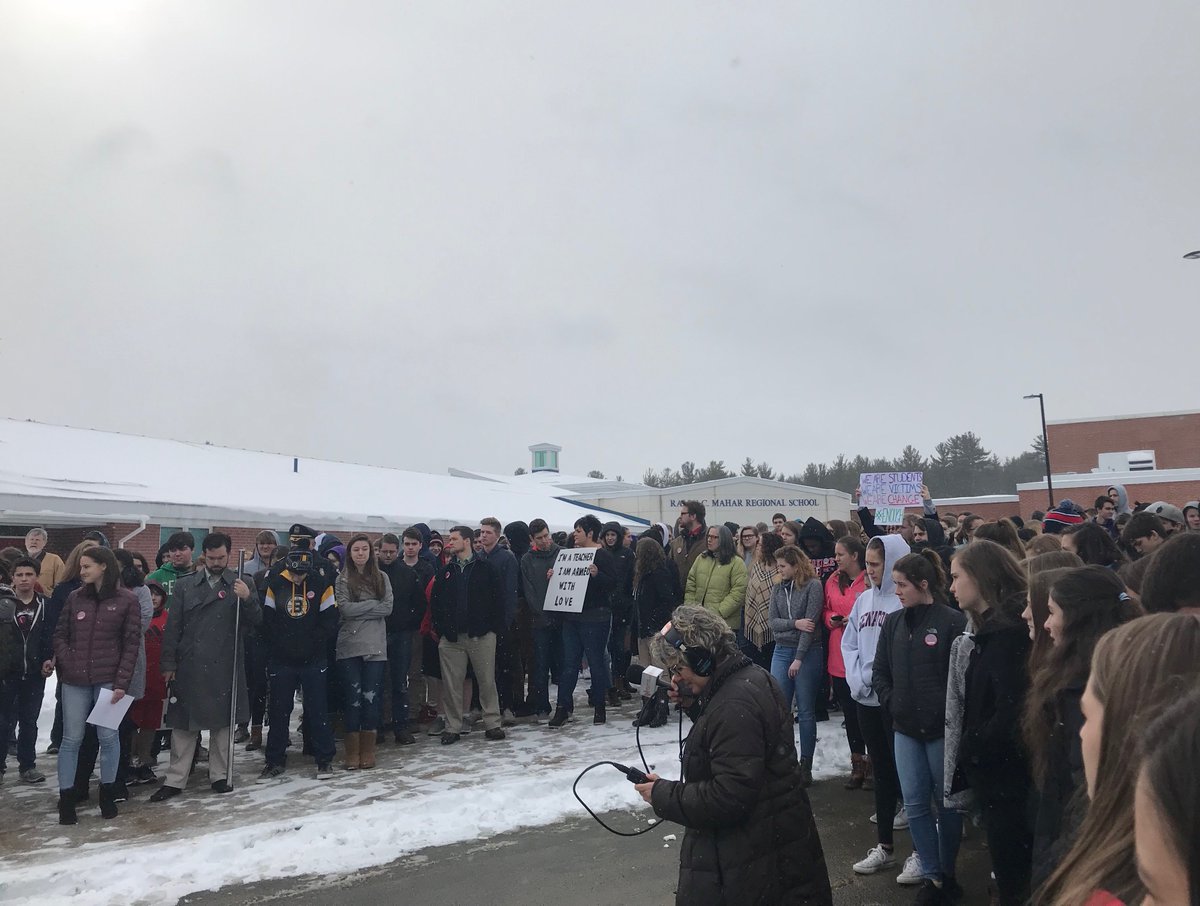 suptthomas's tweet photo. Many students at the Ralph C. Mahar Regional School exercised their first amendment rights this morning by quietly assembling near the flagpole and sharing words of compassion, humanity, remembrance and caring. So impressed. #inspiration #RCMtalk #Parkland @PrincipalHemlin https://t.co/lFtd2BRxFC
