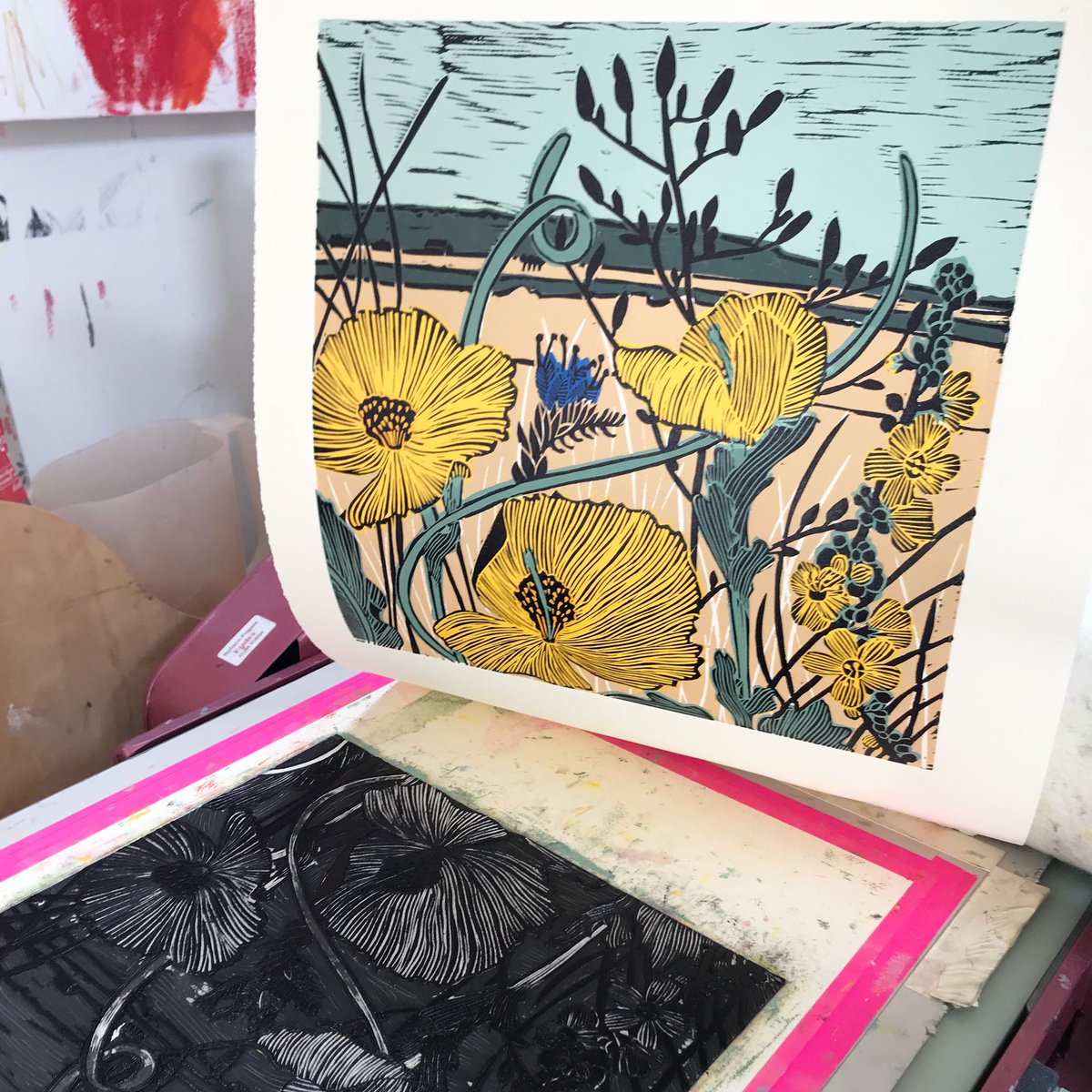 Hot off the press! #norfolk #yellowhornedpoppy #beach #poppies #linocut #print #wip