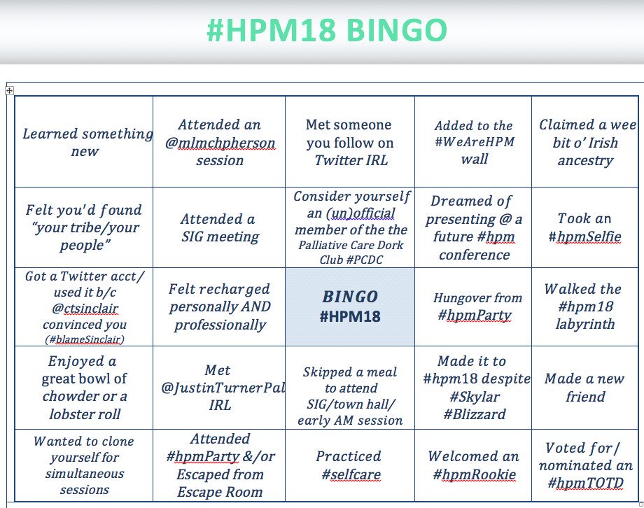 hpmchat's tweet image. Let’s play a little #hpmBingo! Tweet your accomplishments @ #hpm18 using #hpmBingo.There may be prizes or @ least unbridled jealousy 🤓 #WeAreHPM #PCDC #hpmSelfie #hpmParty #BlameSinclair #Skylar #hpmRookie #hpmTOTD #selfcare