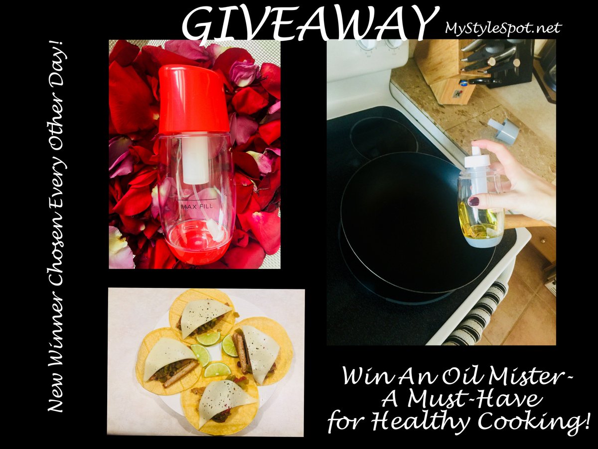 ladyboarder9669's tweet photo. LAST NEW WINNER TOMORROW!! RT #CONTEST #Win oil Mister 4 Olive Oil Misting #TheFineLife - New Winner Every Other Day! 7 WINNERS!! #giveaway #mystylespot #cooking #food #weightloss #health #healthyeating #sweeps https://t.co/EmPFYqwwEw β¦ β¦ https://t.co/Og2qsYXtiX
