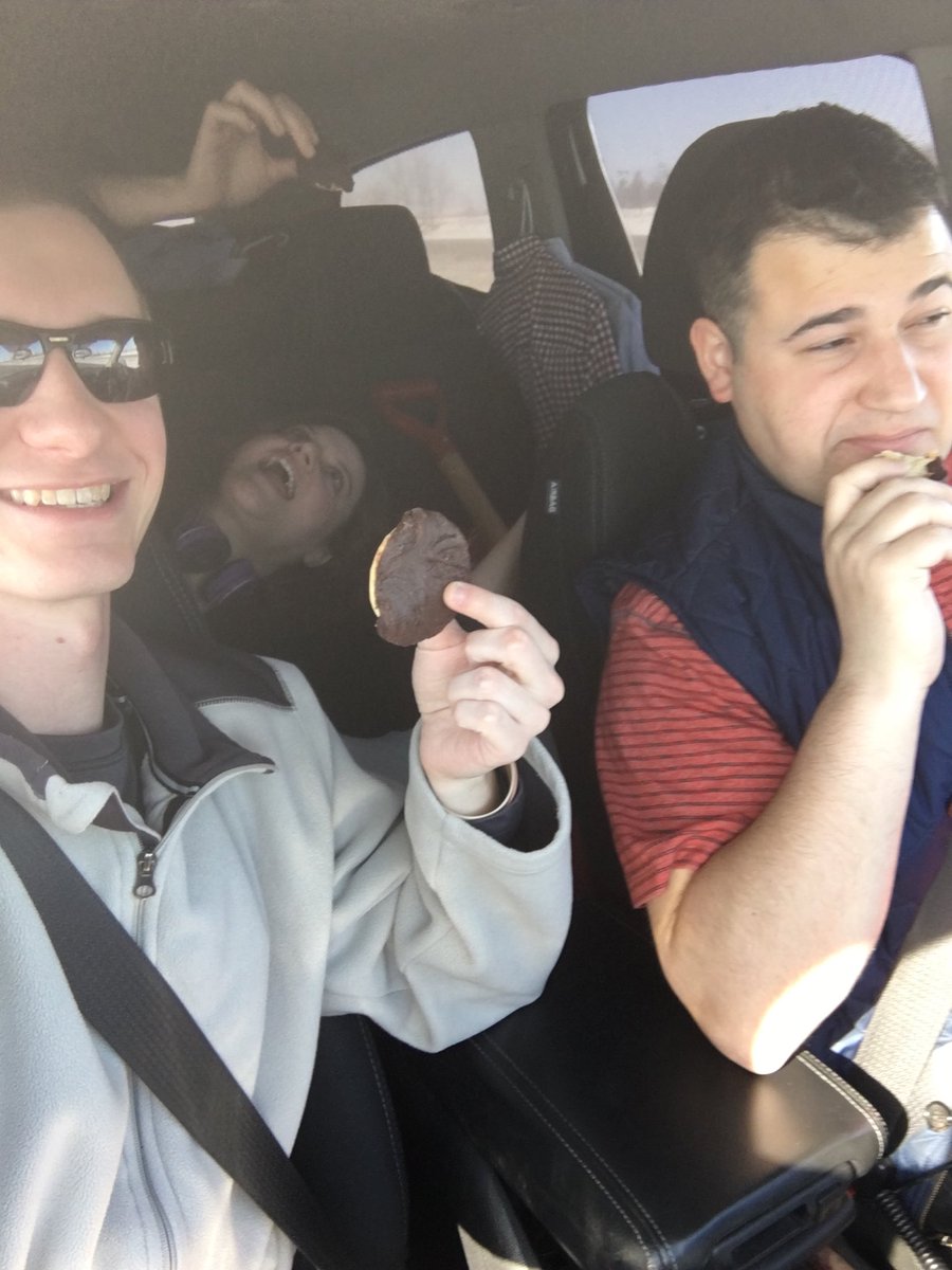 theandrewhorn's tweet photo. Me, @BoKnows_90 and @NBCMolly are on our way to Grand Forks for the Dem convention. 3 Marylanders enjoying Maryland delicacy Berger Cookies! We’ll have coverage on @KFYRTV all week #ElectionLeader https://t.co/luAGW6D3oJ