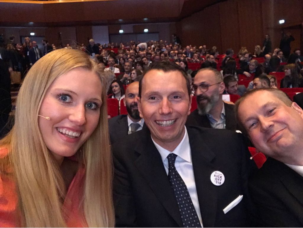engineering_its's tweet photo. Made in Germany: unsere Speaker beim Kick Off 2018 in Rom! Jenny Schlosser, Alessandro Masi & Dr. Matthias Kaulke #kickoff_eng2018 https://t.co/A148cHgDI9