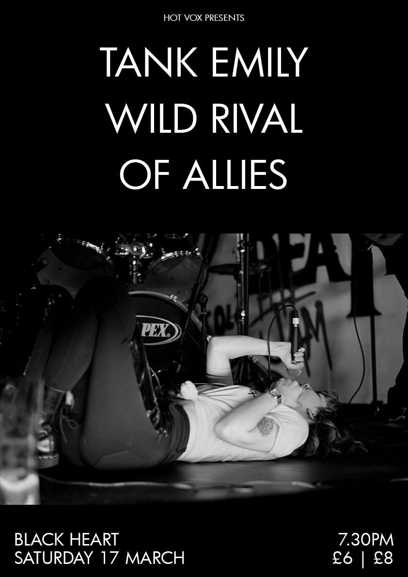 Hot_Vox's tweet photo. SATURDAY // @BlackHeartCamdn 
@TankEmilyUK // @wildrival // @weareofallies 
DOORS: 7.30pm
TIX: https://t.co/9wXoJeNTPx https://t.co/1S1J52ojZT