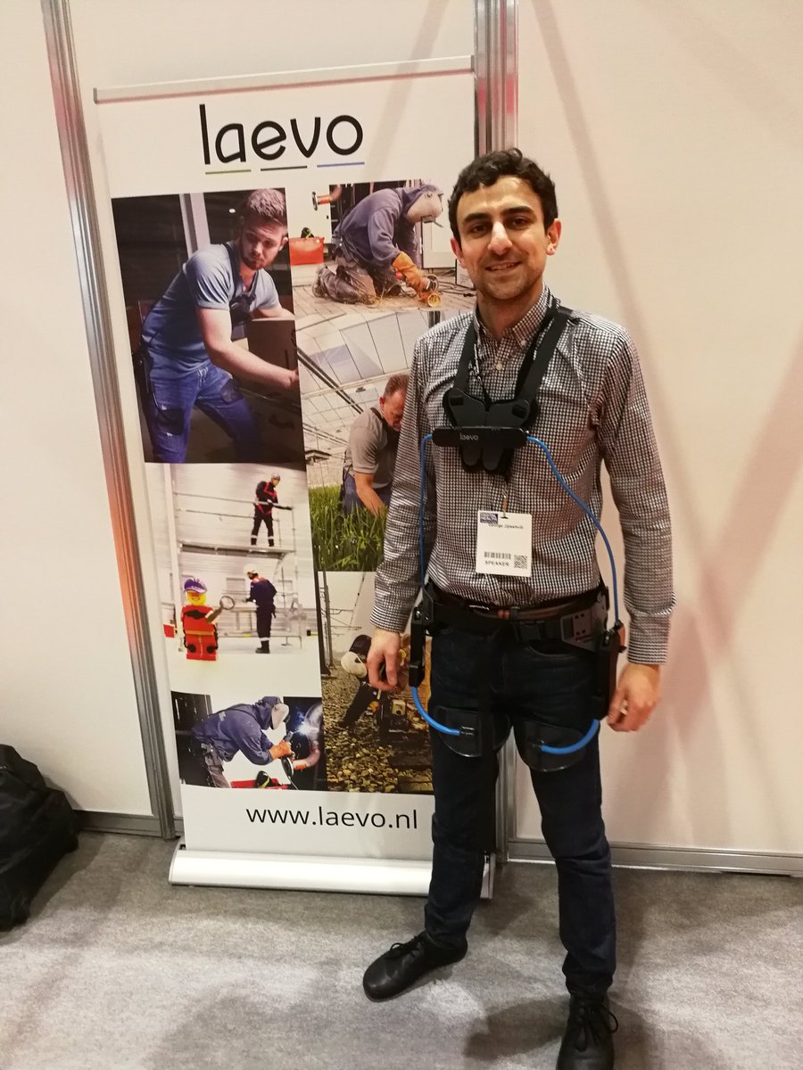 GioKinto's tweet photo. Trying out @Laevobv startup's exoskeleton aimed at labour-intensive workers. Does look odd, but it certainly does its job (reduces pressure on the lower back by 40%) #wearables #wts2018 #wearabletechshow https://t.co/O3p3DWZUFv