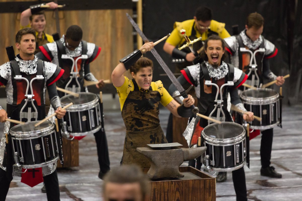 InfinityPerc's tweet image. Alissa (INFINITY 2 VE) and the blacksmiths prepare to send the knights off to battle in &quot;Legend of the Sword.&quot;

#INFINITY2k18 #FFCC2018 #WGI2018 #LudwigUltimate #MusserUltimate #Remo #VicFirth #FJM #MyVisualPackage