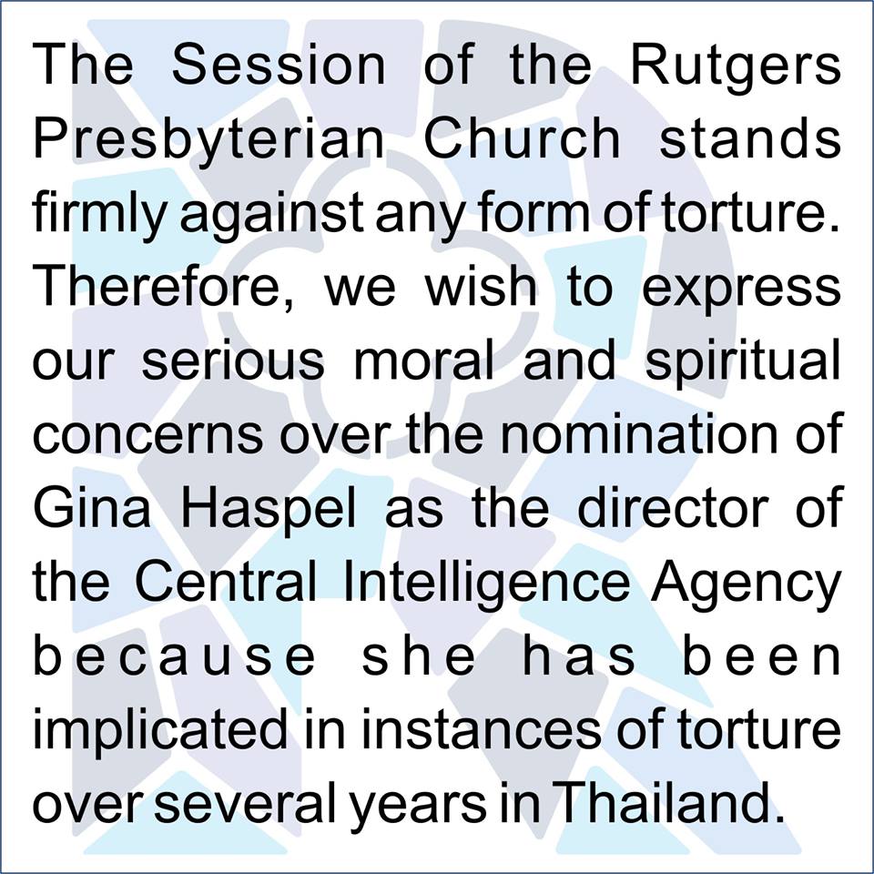 rutgerschurchny's tweet photo. Our Session met yesterday and adopted this resolution.
#No2Torture #NRCAT #CIA #NoTorture #Presbyterian #PCUSA #Tortureiswrong #stoptorture #HumanRights
Human Rights Watch ACLU Nrcat https://t.co/7TcoE9pX1o