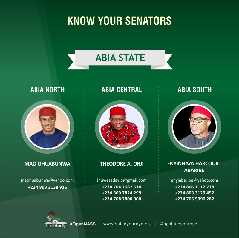 EiENigeria's tweet photo. Active citizens in #Abia, your senators receive N13.5million monthly as 'RUNNING COST'. These are their contact details 👇 call them to know how it is spent.
#OpenNASS
@NGShineYourEye @thecableng @SERAPNigeria @SenOhuabunwa @SenatorAbaribe https://t.co/Kvyx7XHY2f
