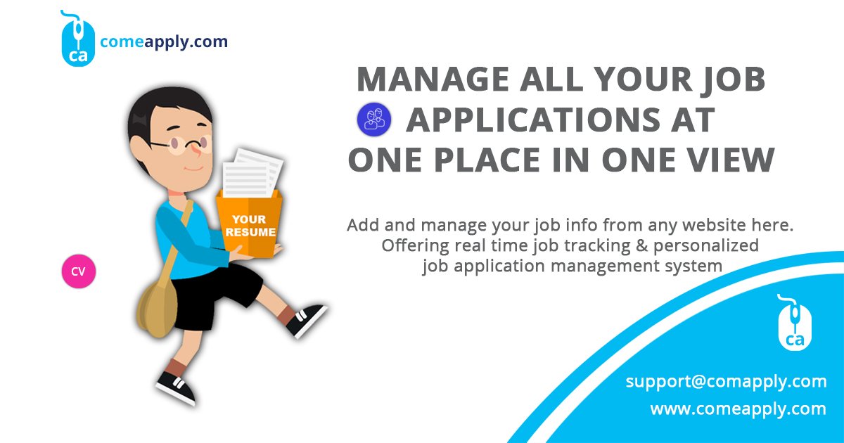 ComeApplydotcom's tweet photo. MANAGE ALL YOUR JOB APPLICATIONS AT ONE PLACE IN ONE VIEW. #comeapply #jobtracking #jobapplicationmanagement #getjobstatus https://t.co/syy4PKjZPY