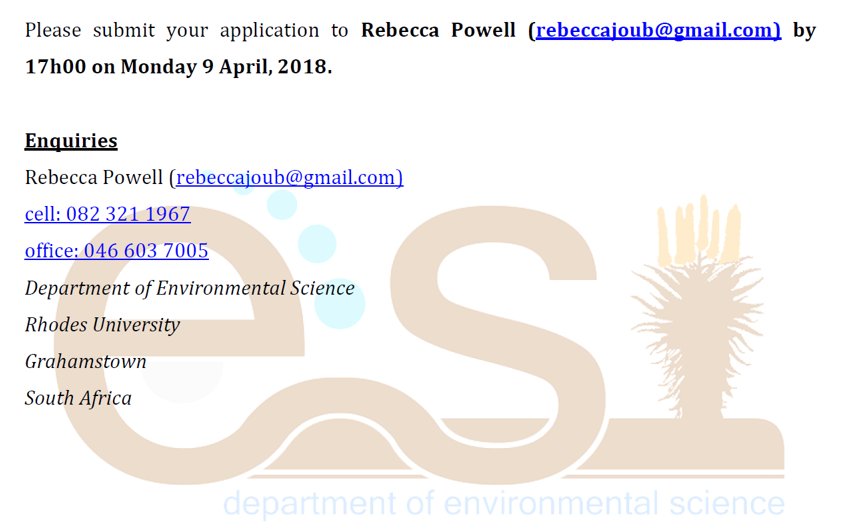 PhD opportunity <a href="/Rhodes_Uni/">Rhodes University</a>: The GEF5 Rhodes University Sustainable Land Management for Rural Resilience Project is seeking a PhD candidate to investigate barriers and enablers to community-driven natural resources governance in the Eastern Cape of South Africa. See attached.